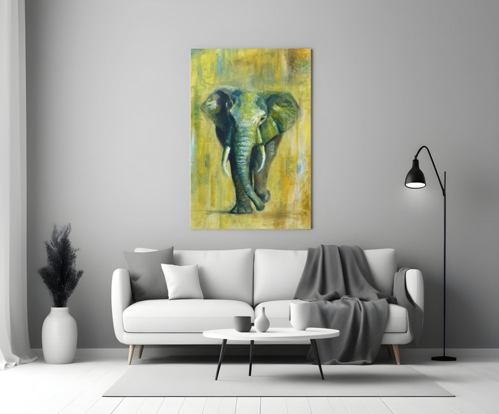 Elephant close-up showing painterly tusker in marigold and slate brushstrokes