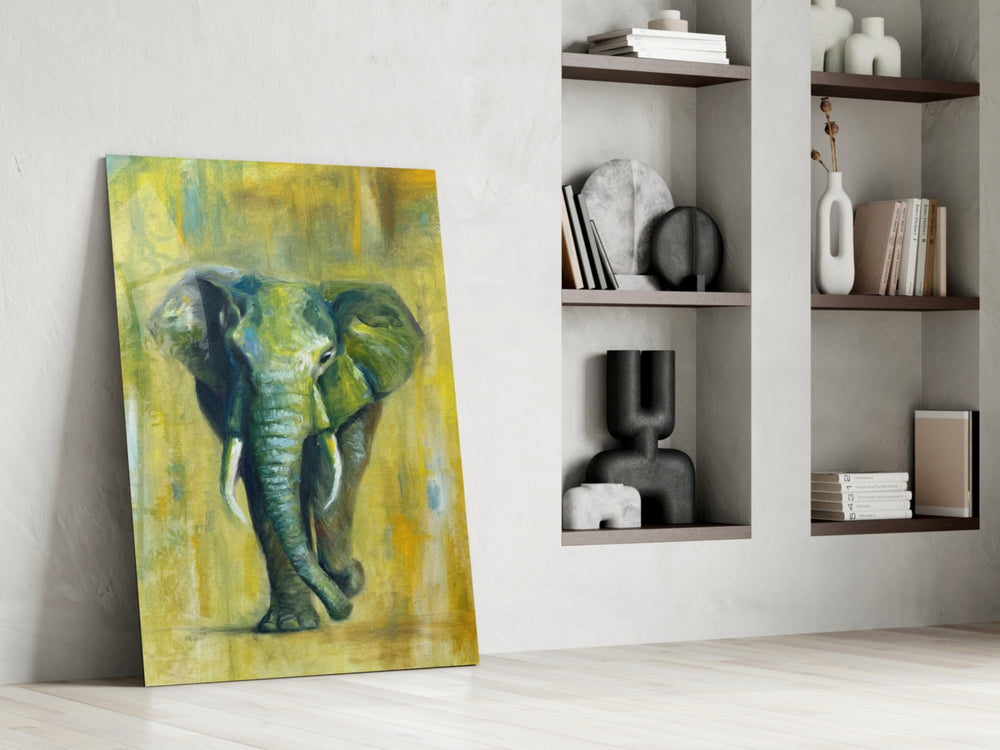 Elephant glass print enhancing a hallway with cinematic warmth