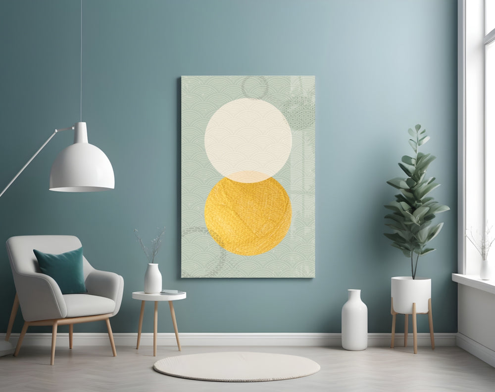 Sun and Moon glass wall art styled above a bed in a bedroom