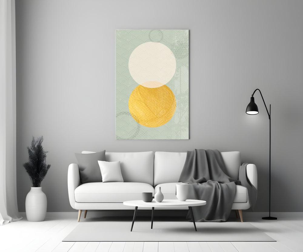 Sun and Moon close-up showing cream and gold orbs on sage seigaiha pattern