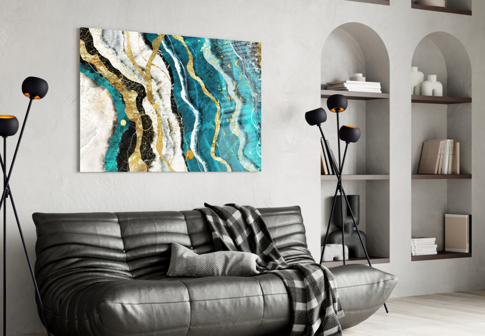 Marble Waves glass wall art styled above a bed in a bedroom