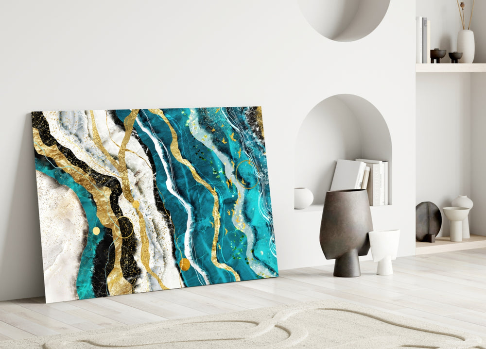 Marble Waves close-up showing teal cream rivers and gold veins on onyx