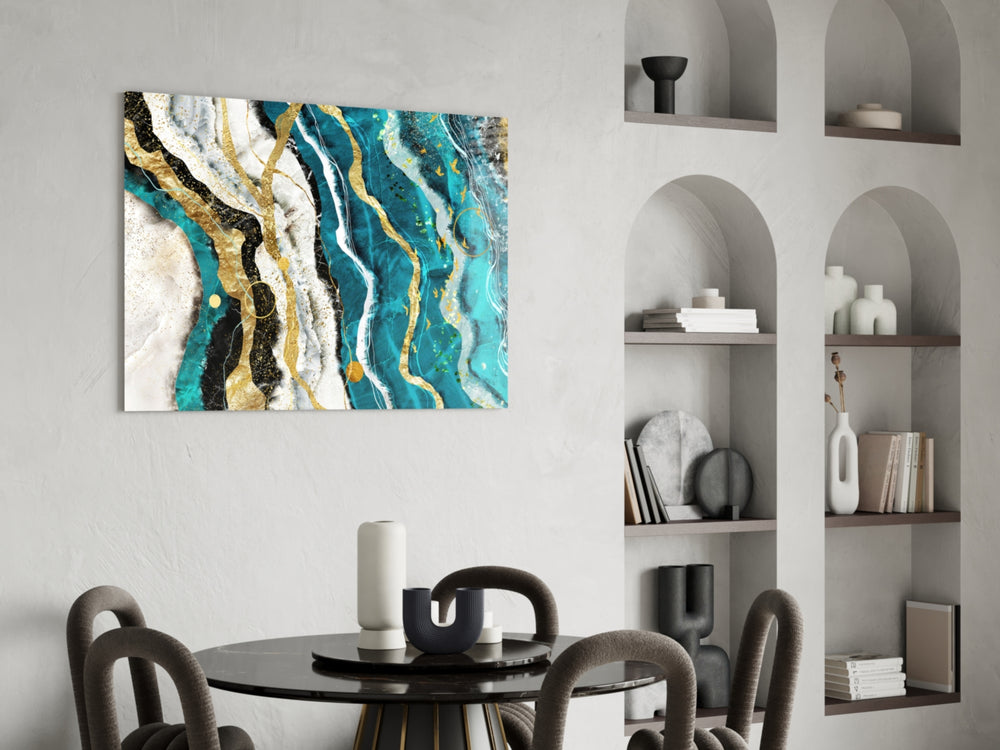 Marble Waves panel adding editorial drama to a dining room