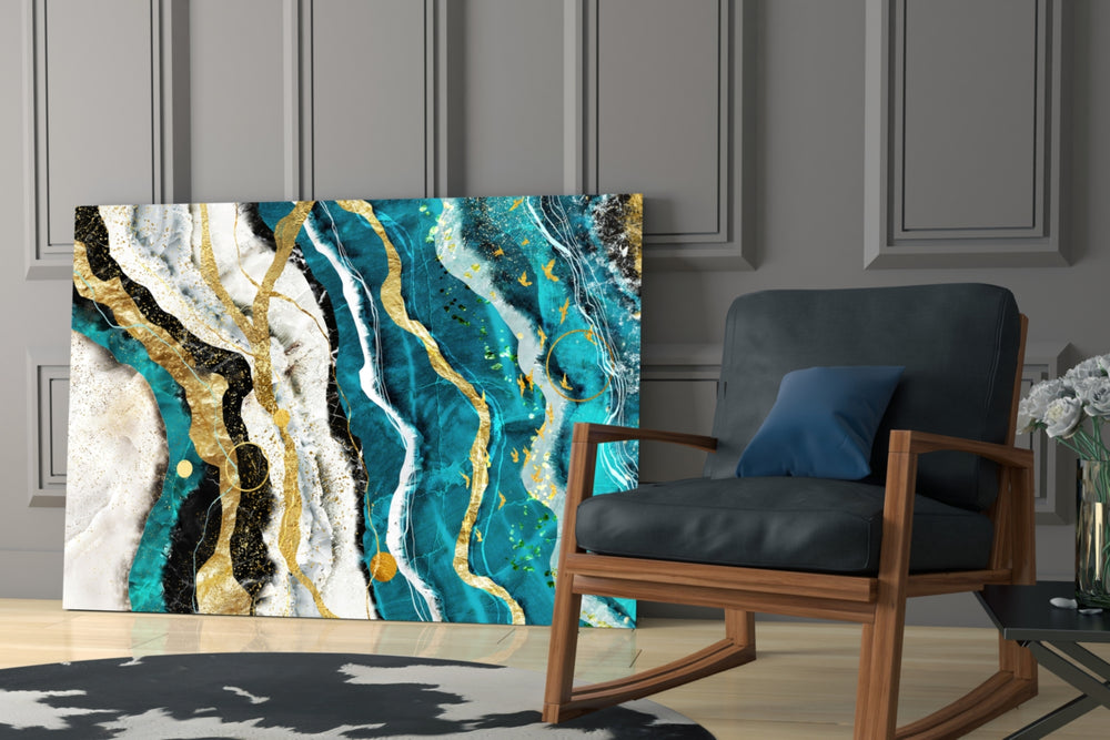 Marble Waves glass print enhancing a bathroom with cinematic warmth