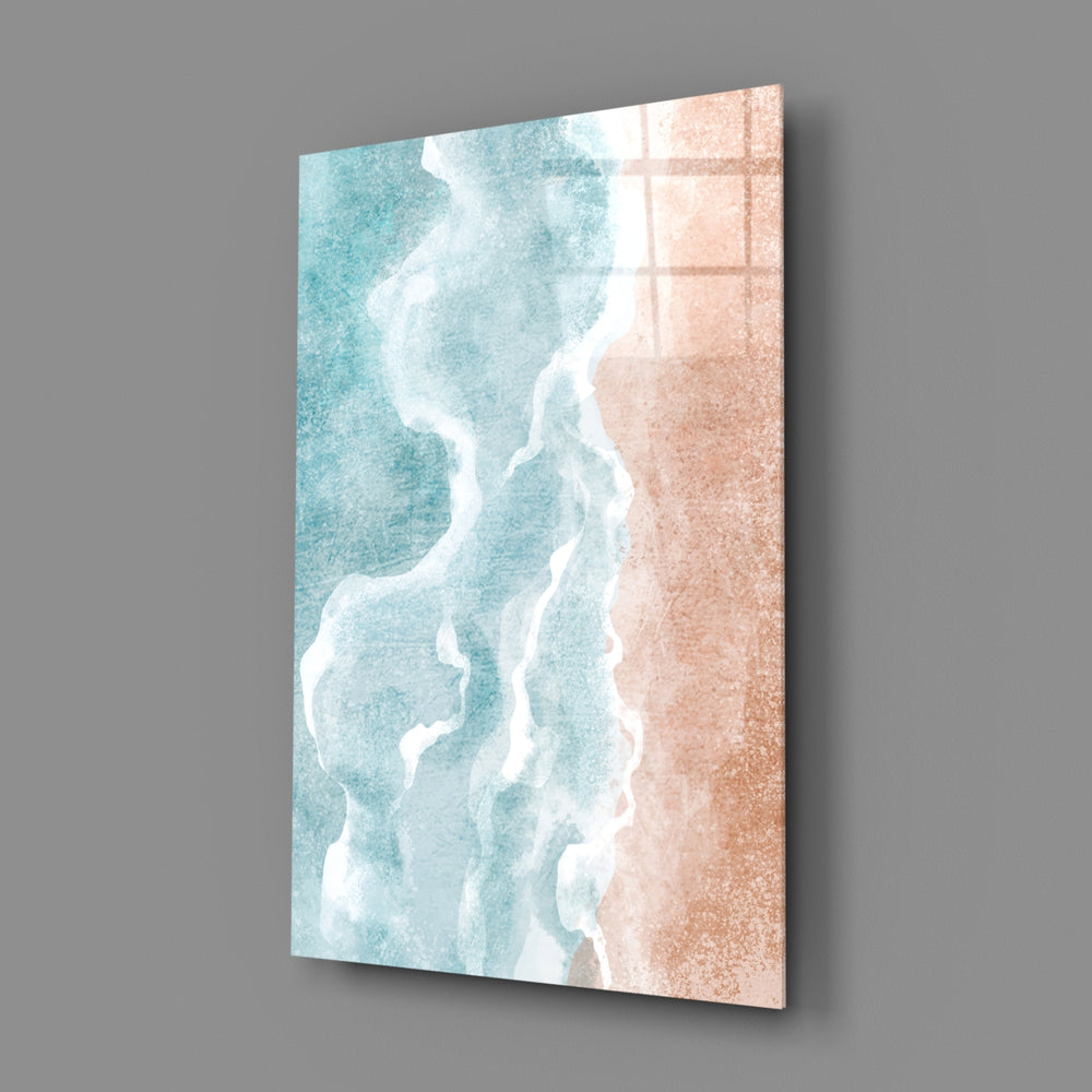 Painterly-aerial panel bringing serene warmth to a contemporary bathroom