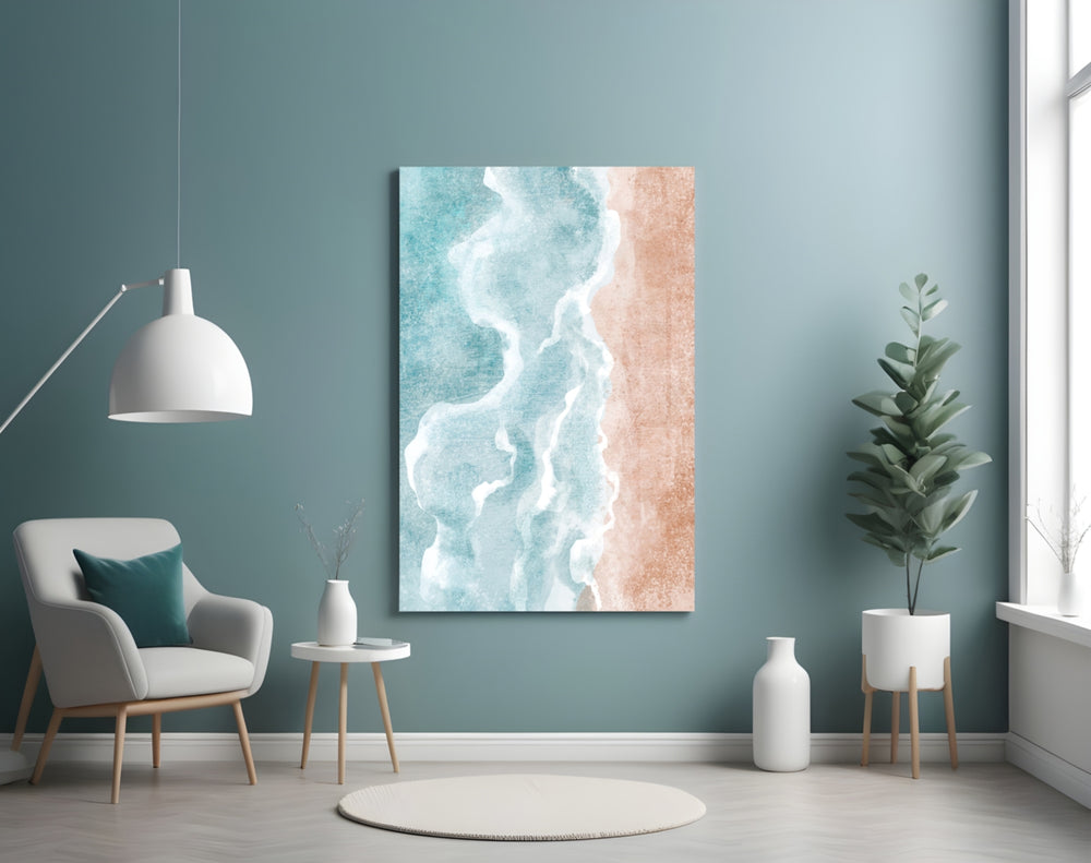 Beach glass wall art styled above a bed in a bedroom