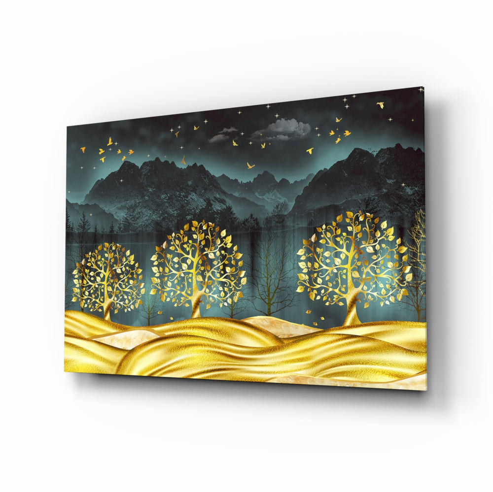 Golden Forest glass wall art displayed above a walnut sideboard in a slate dining room with cane chairs and brass pendant lamp