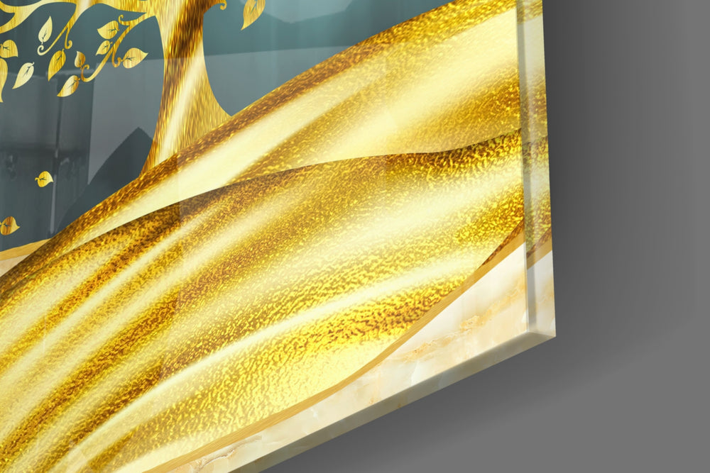 Golden Forest artwork anchoring a wall with dark luxe palette