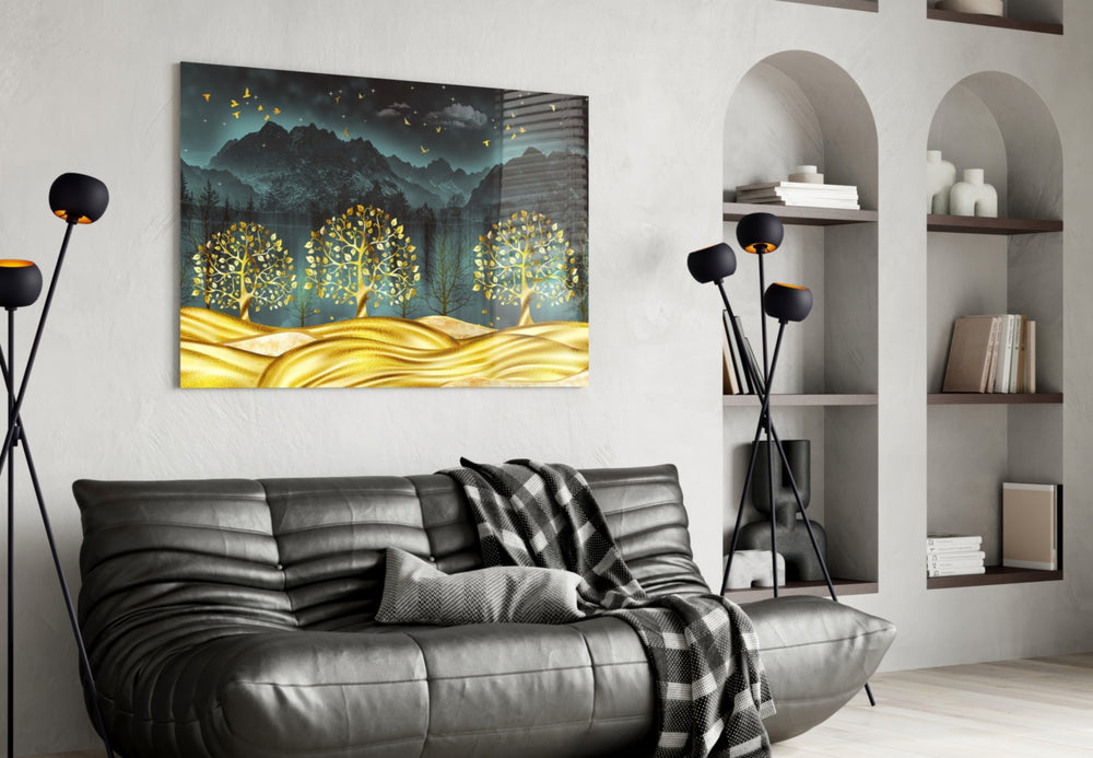 Golden Forest glass wall art styled above a sideboard in a dining room