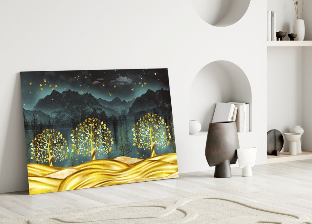 Golden Forest close-up showing three gold trees on gilt dunes under starry mountains