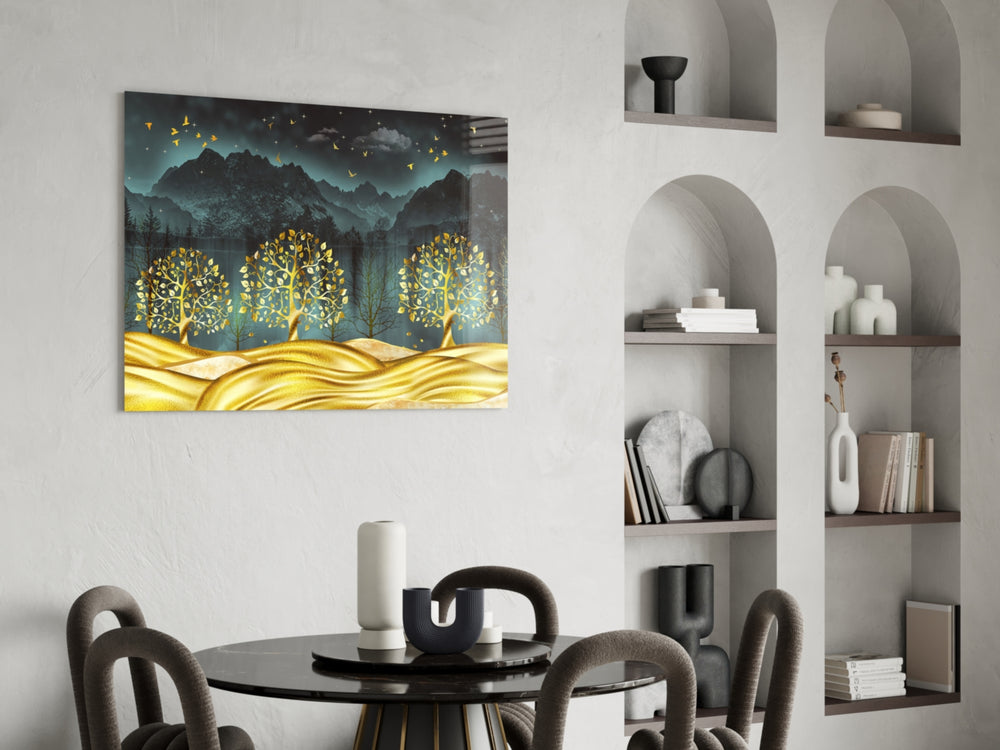 Golden Forest panel adding editorial drama to a hallway