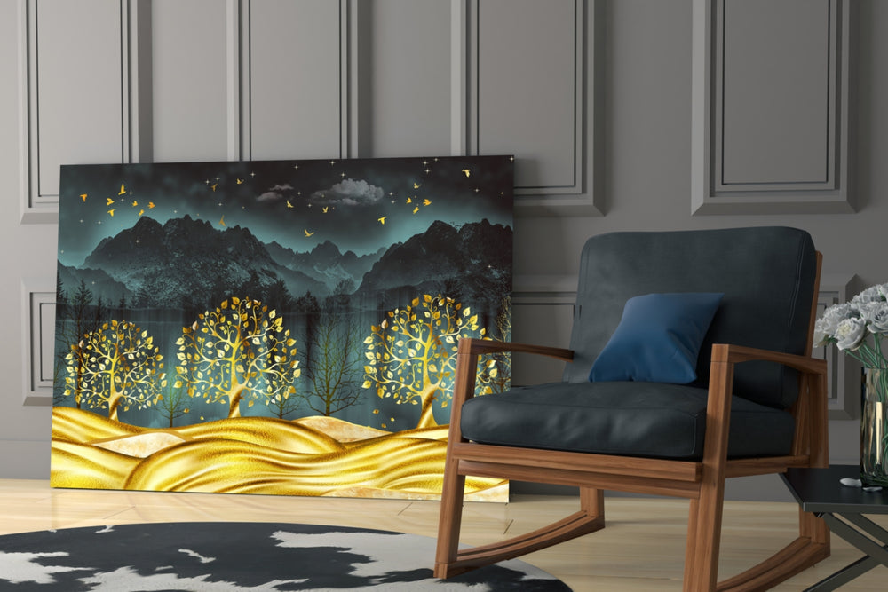 Golden Forest glass print enhancing a living room with cinematic warmth