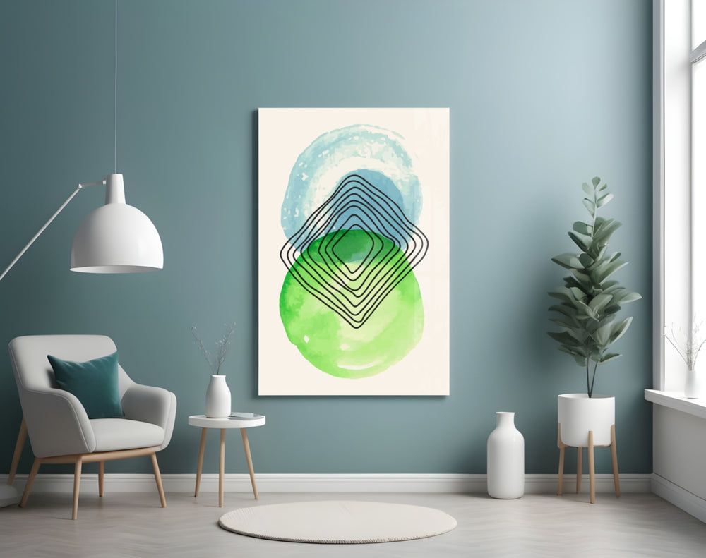 Abstract Circles glass wall art styled above a desk in an office