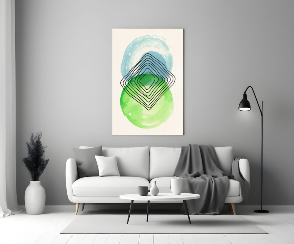 Abstract Circles close-up showing sky-blue and lime ovals with line diamond stack