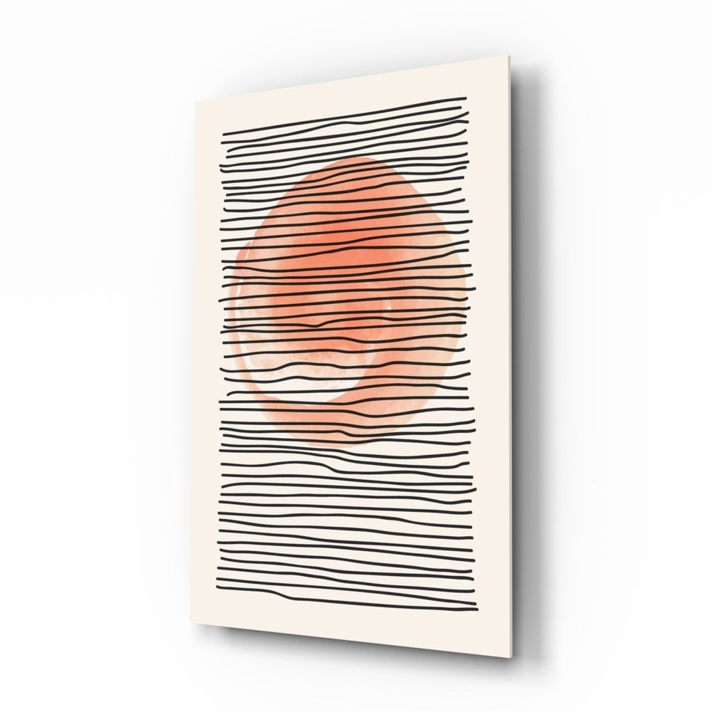Abstract Sunset glass wall art displayed above a linen bed in a coral bedroom with rattan nightstands and brushed-brass sconces