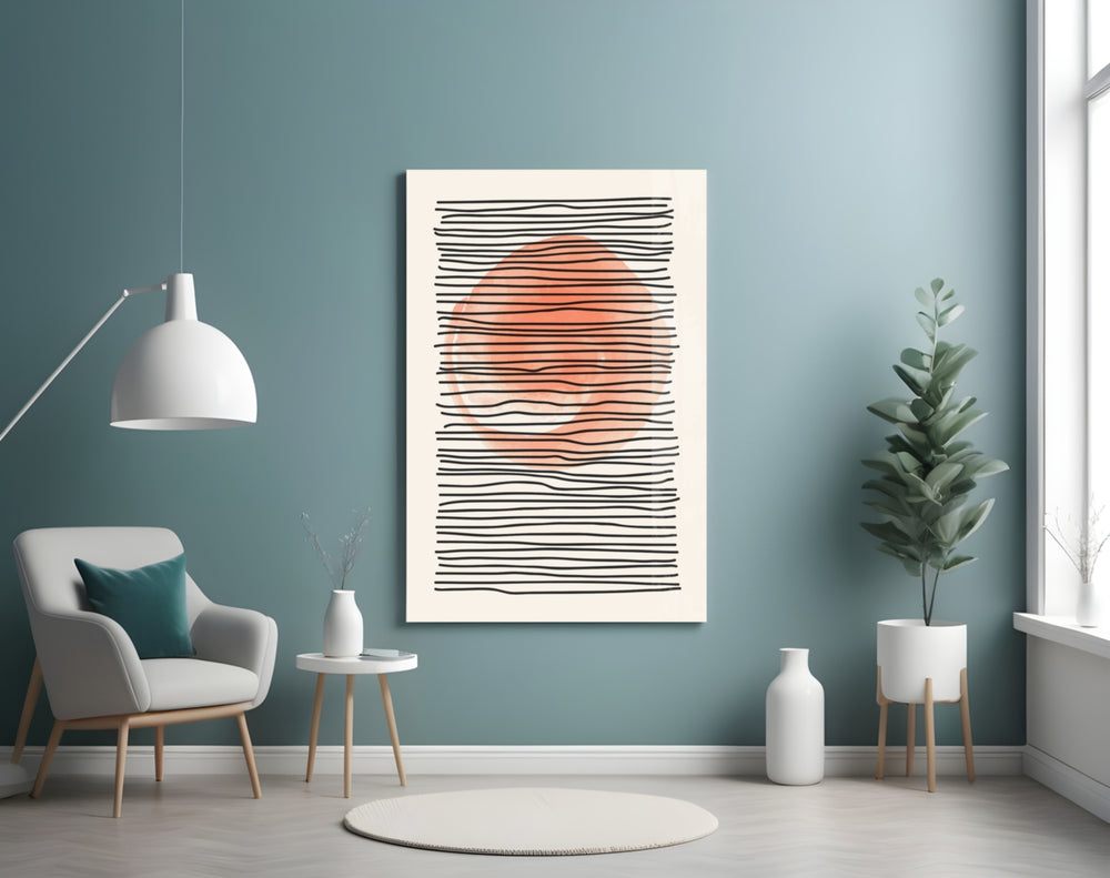 Abstract Sunset glass wall art styled above a bed in a bedroom