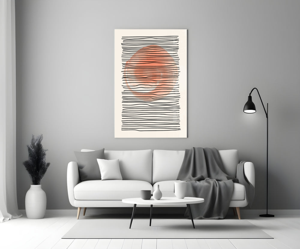 Abstract Sunset close-up showing coral sun behind horizontal black-line stripes