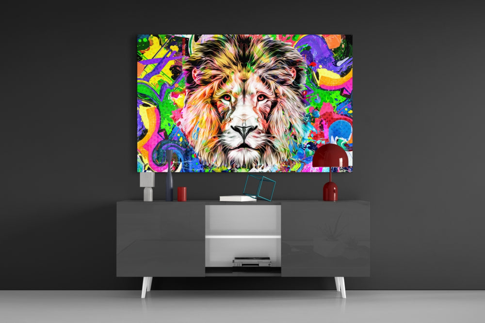 Lion in Colors panel catching screen glow to reveal its electric saturation