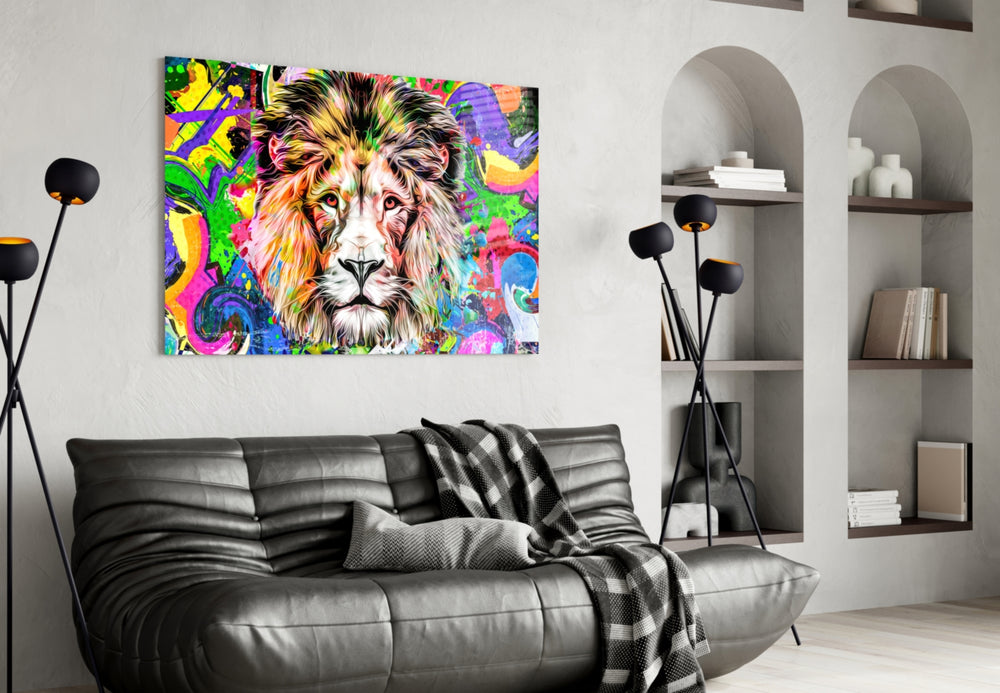Lion in Colors glass wall art styled above a desk in a kids room