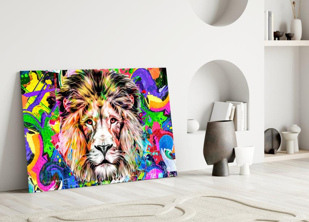 Lion in Colors close-up showing lion face amid magenta jade and cobalt splatter