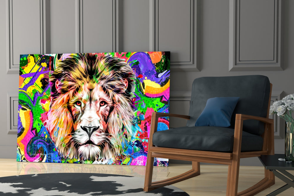 Lion in Colors glass print enhancing a teen lounge with cinematic mood