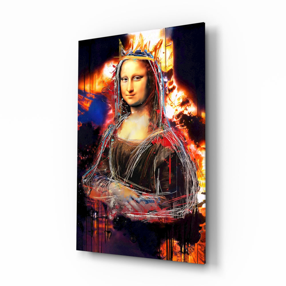Queen Mona Lisa glass wall art displayed above a black velvet sofa in a moody lounge with brass arc lamp and reclaimed-wood console