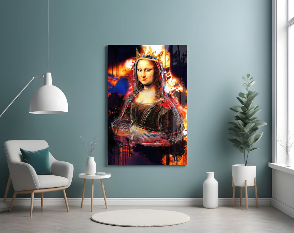 Queen Mona Lisa glass wall art styled above a console in a hallway