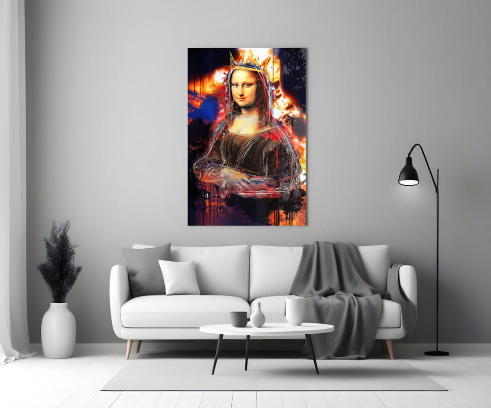 Queen Mona Lisa close-up showing crowned portrait amid flames and dripping graffiti strands