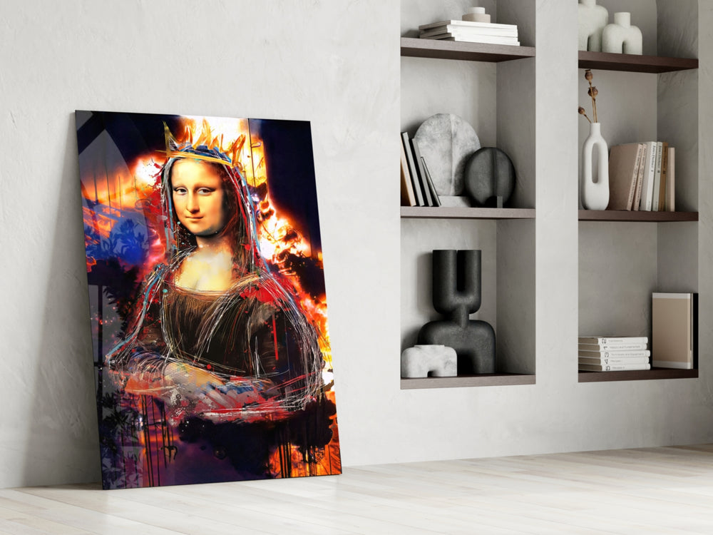 Queen Mona Lisa glass print enhancing a man cave with cinematic mood
