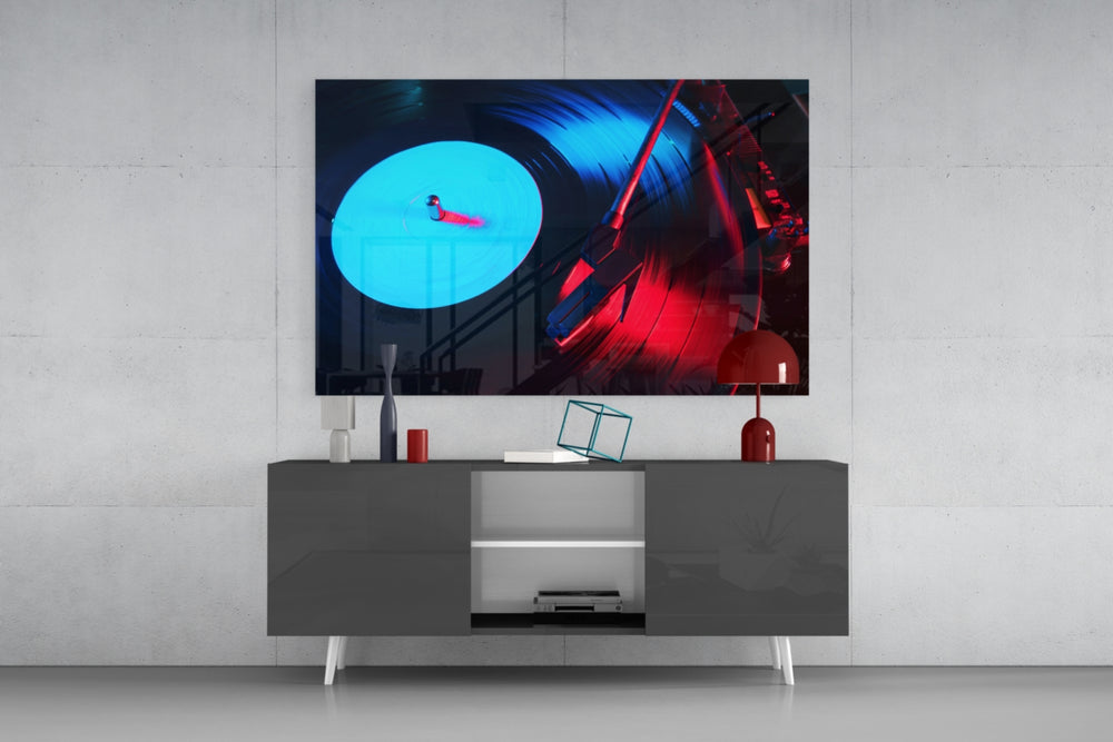 Gramophone panel catching screen glow to reveal its electric pulse