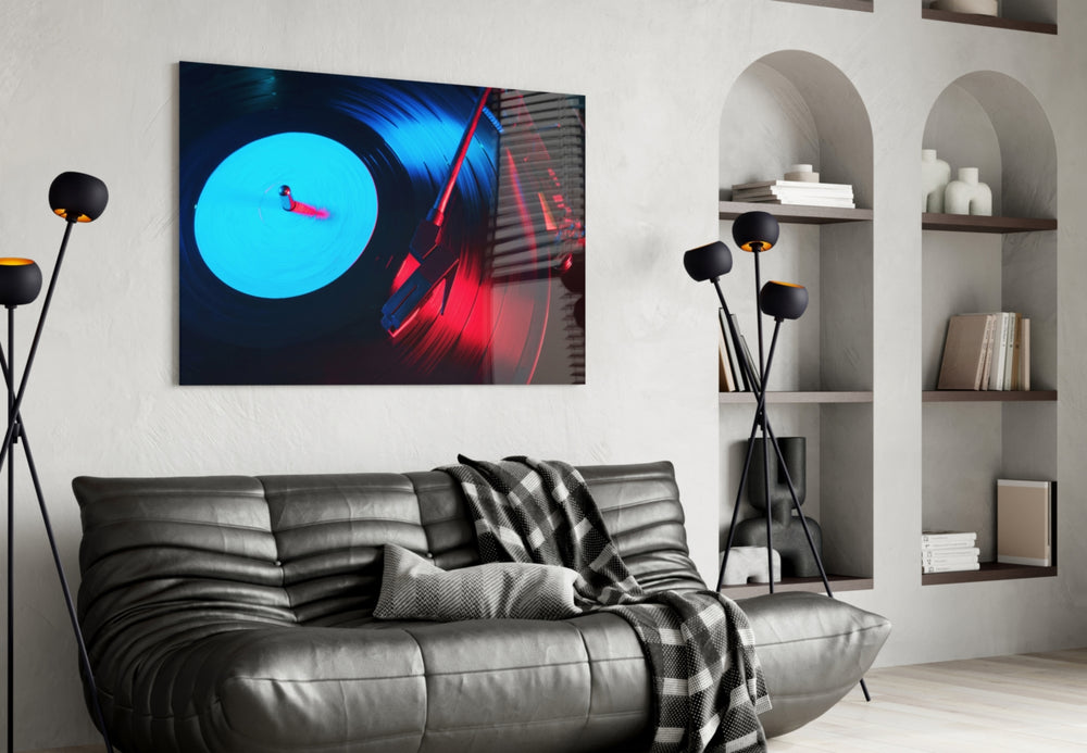 Gramophone glass wall art styled above a turntable shelf in a man cave