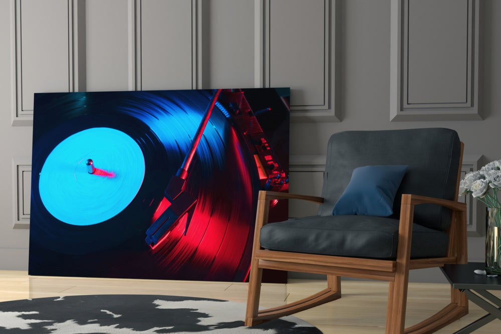 Gramophone glass print enhancing a music room with cinematic mood