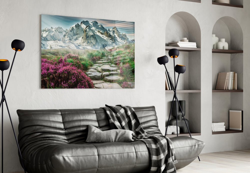 Footpath to Mountains glass wall art styled above a bed in a bedroom