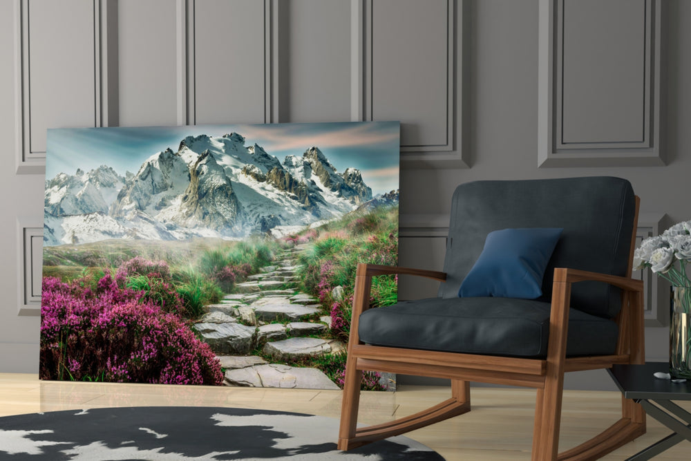 Footpath to Mountains glass print enhancing a study with cinematic warmth