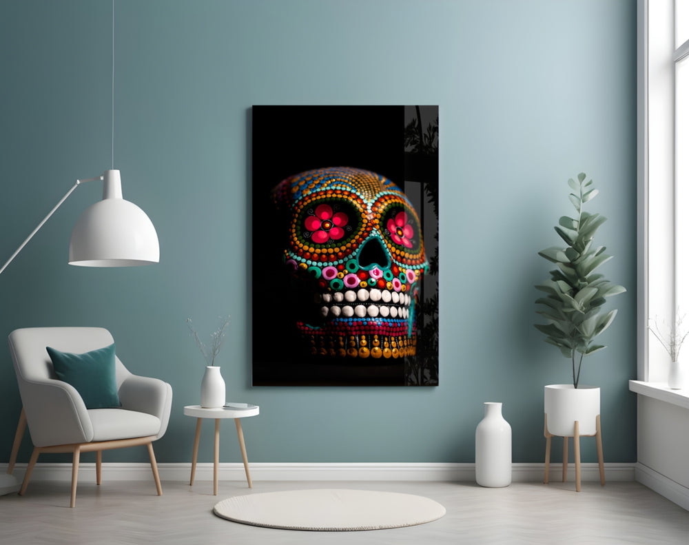 Sugar Skull glass wall art styled above a console in a hallway