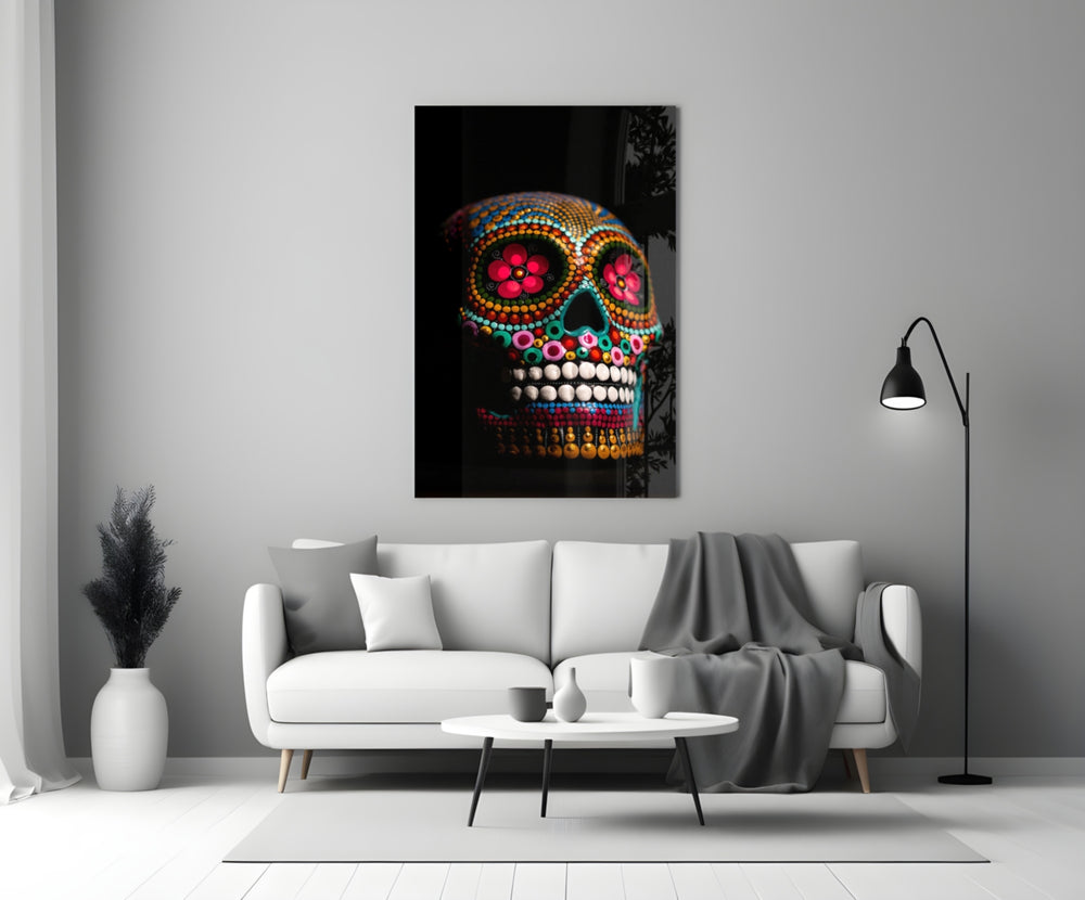 Sugar Skull close-up showing turquoise marigold and crimson dot mandalas with pink flower eyes