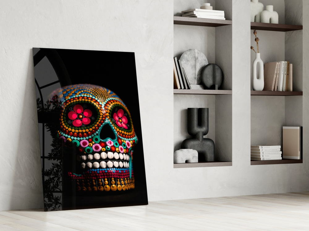 Sugar Skull glass print enhancing a teen lounge with cinematic mood