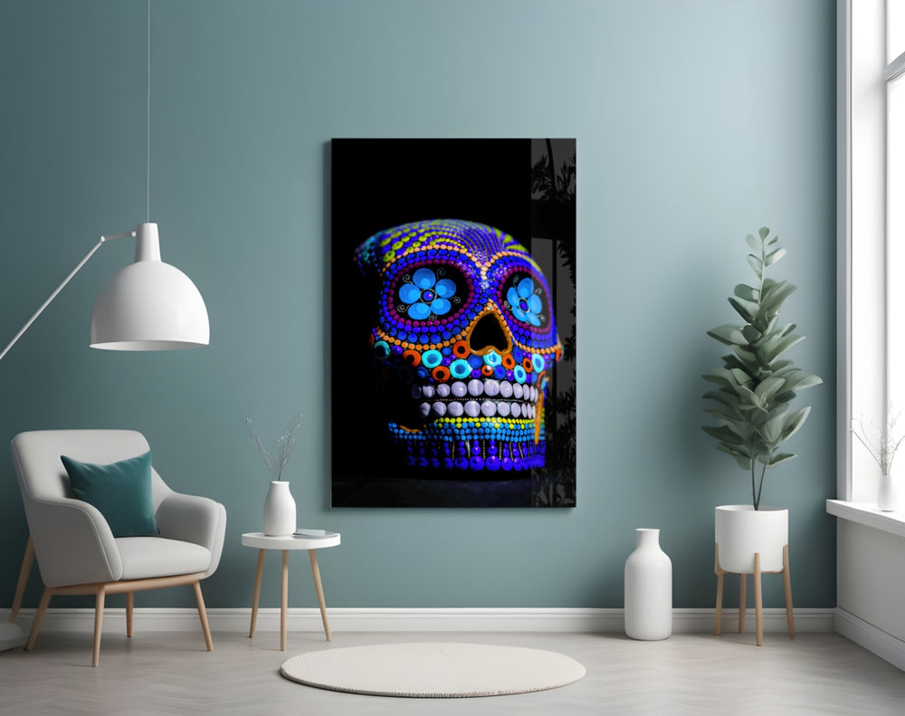 Sugar Skull glass wall art styled above a console in a hallway