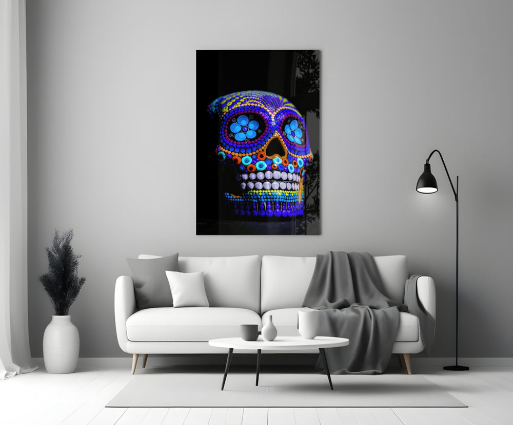 Sugar Skull close-up showing cobalt violet and marigold dot mandalas with turquoise flower eyes