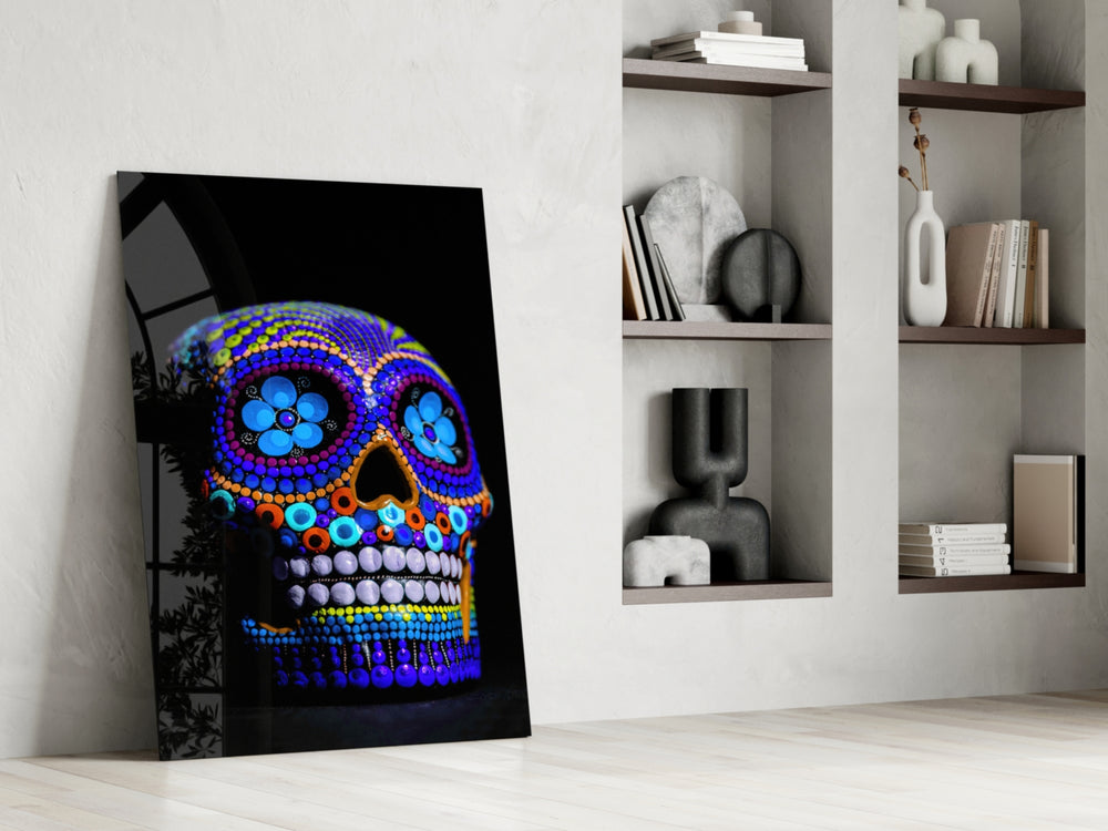 Sugar Skull glass print enhancing a teen lounge with cinematic mood