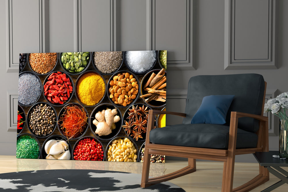 Spices glass print enhancing a breakfast nook with cinematic warmth