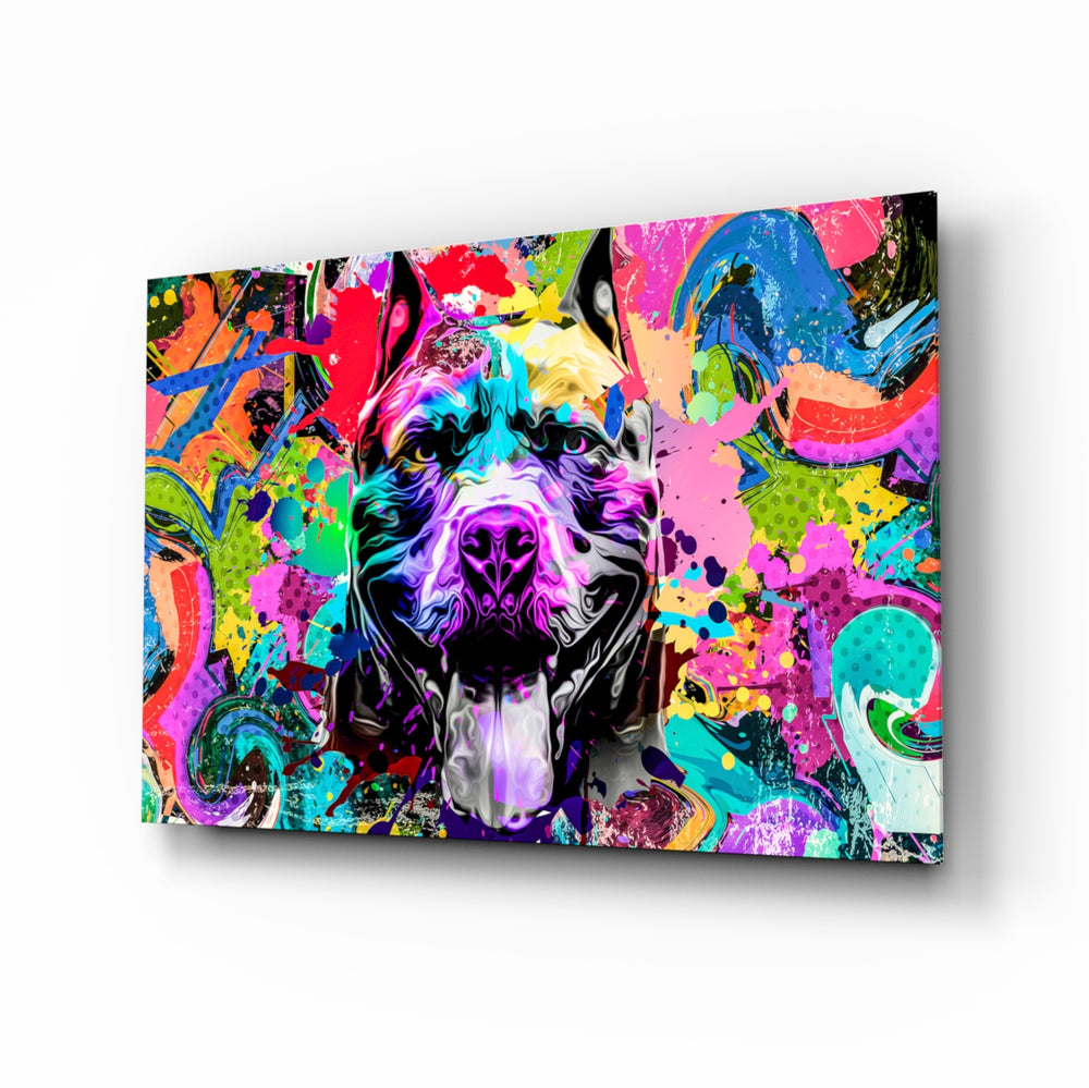 Pitbull glass wall art displayed above a black gaming sofa in a brick-walled lounge with neon arcade sign and matte-black coffee table