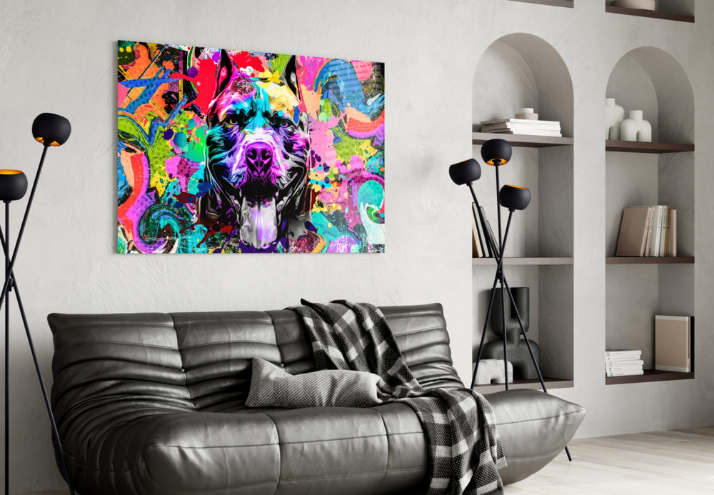 Pitbull glass wall art styled above a desk in a kids room