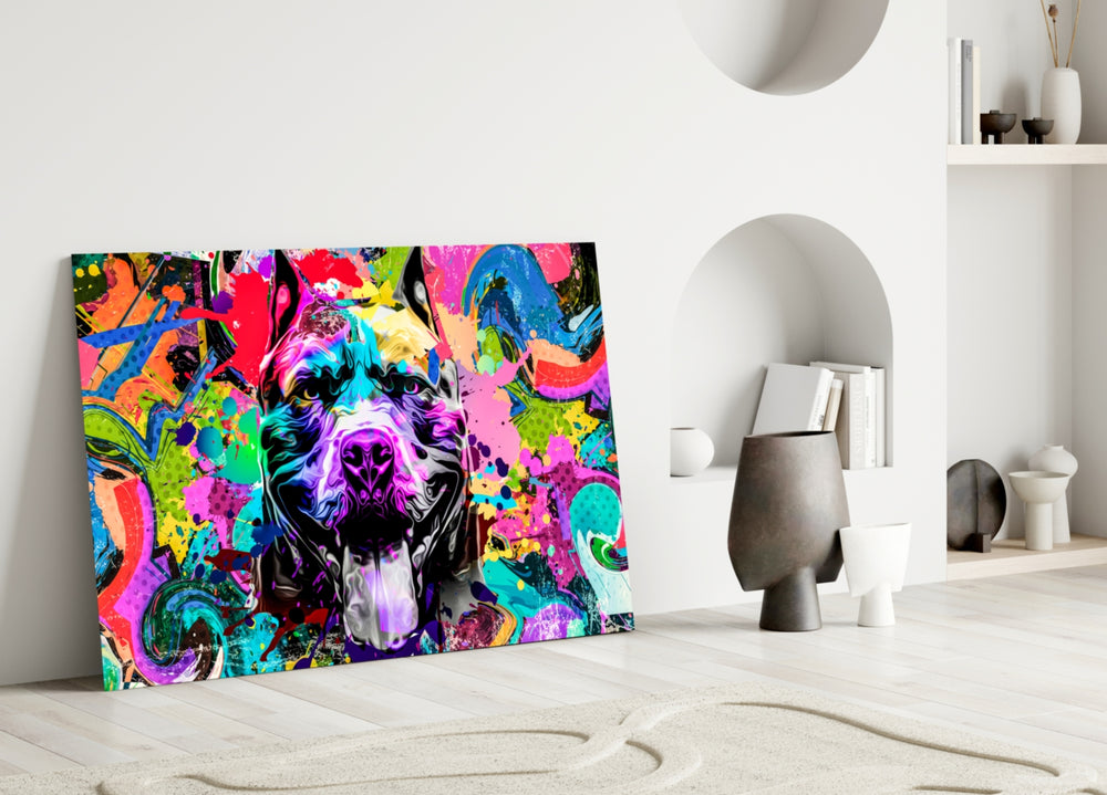 Pitbull close-up showing dog face amid magenta jade and cobalt splatter