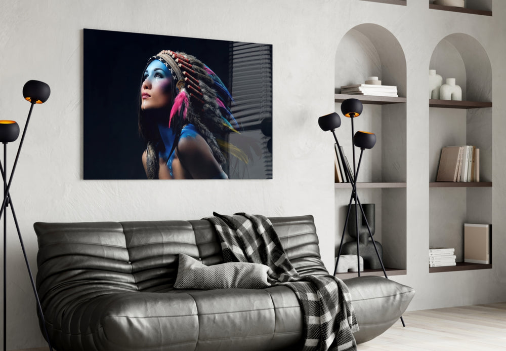 Red Indian glass wall art styled above a console in a hallway