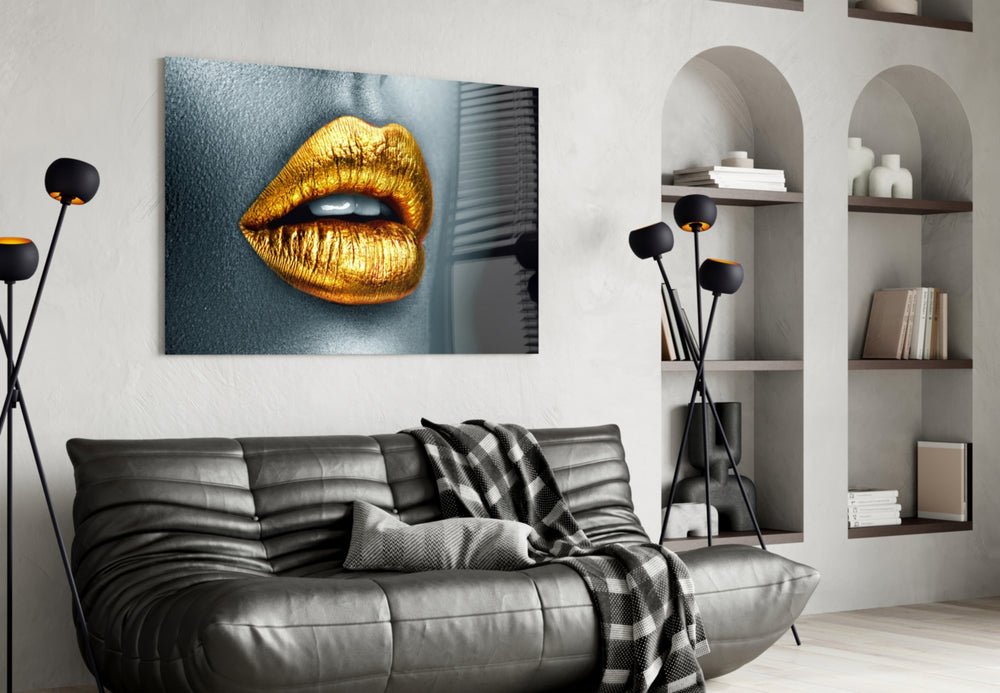 Golden Lips glass wall art styled in a dressing room