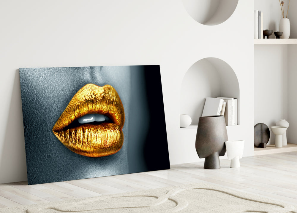 Golden Lips close-up showing lacquered gold lips parting softly on graphite skin