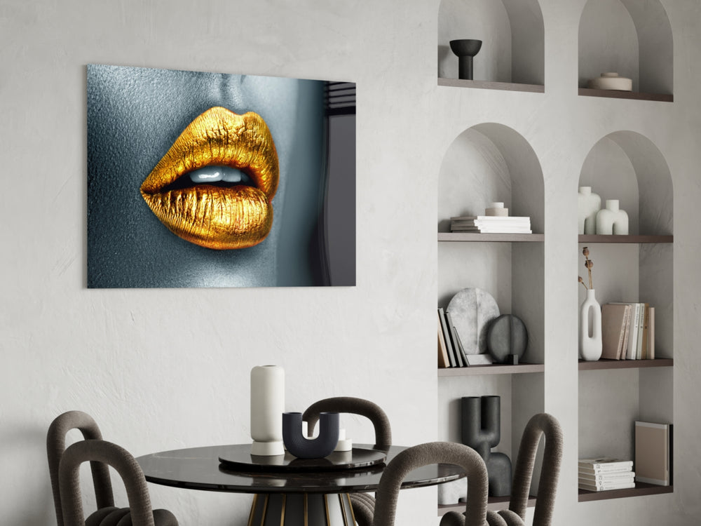 Golden Lips panel adding editorial drama to a living room
