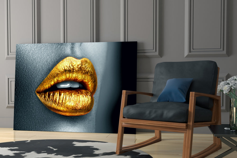 Golden Lips glass print enhancing a salon with cinematic warmth
