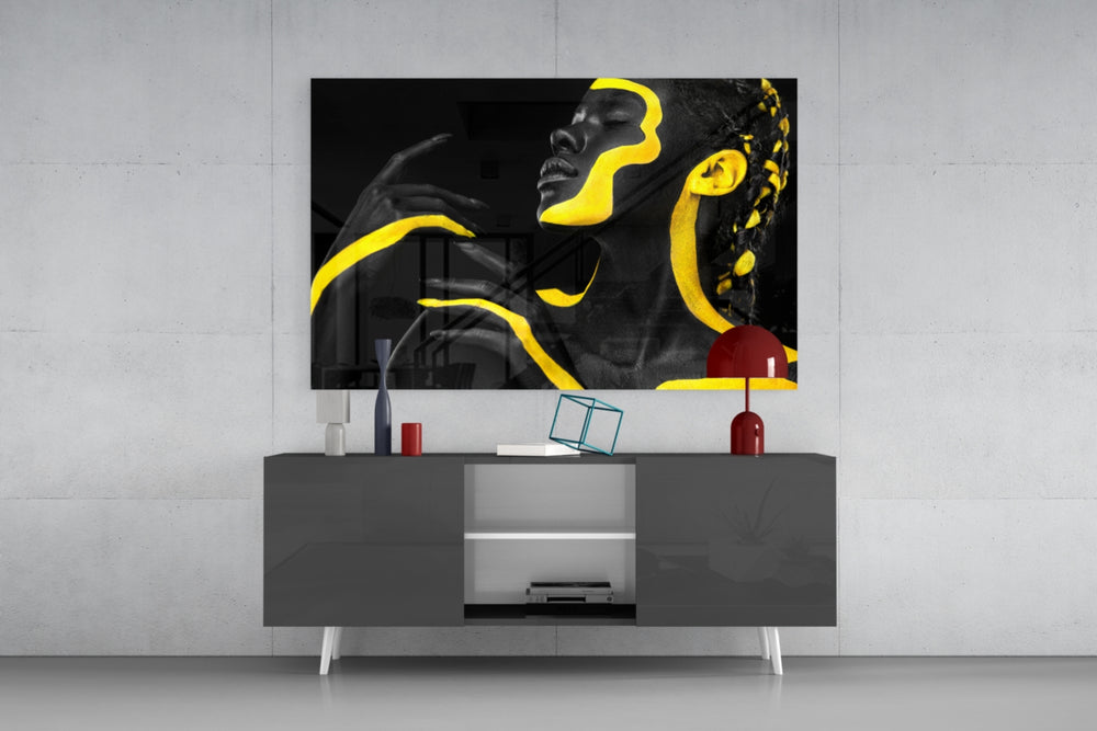 Yellow Woman panel catching directional light to reveal its theatrical drama